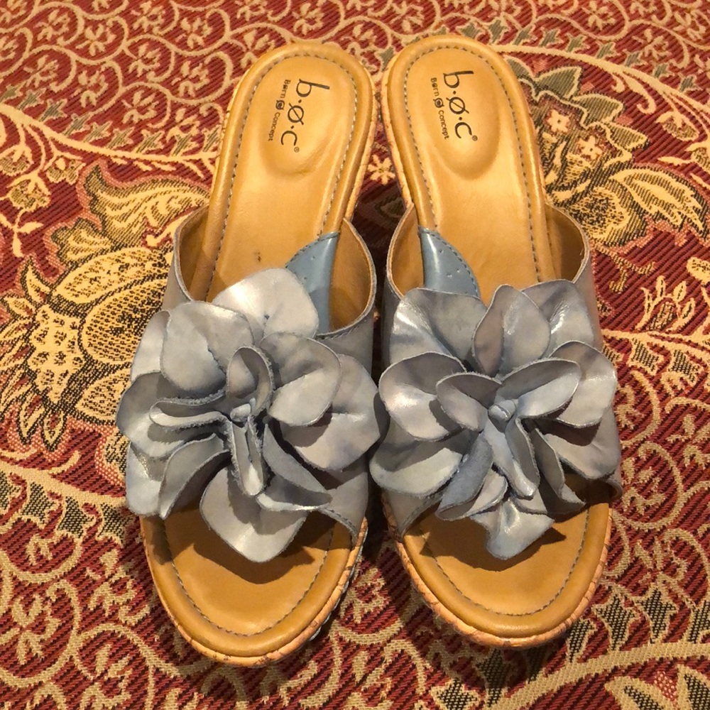 b.o.c. Born Soft Blue Flower Cork Wedge Sandals